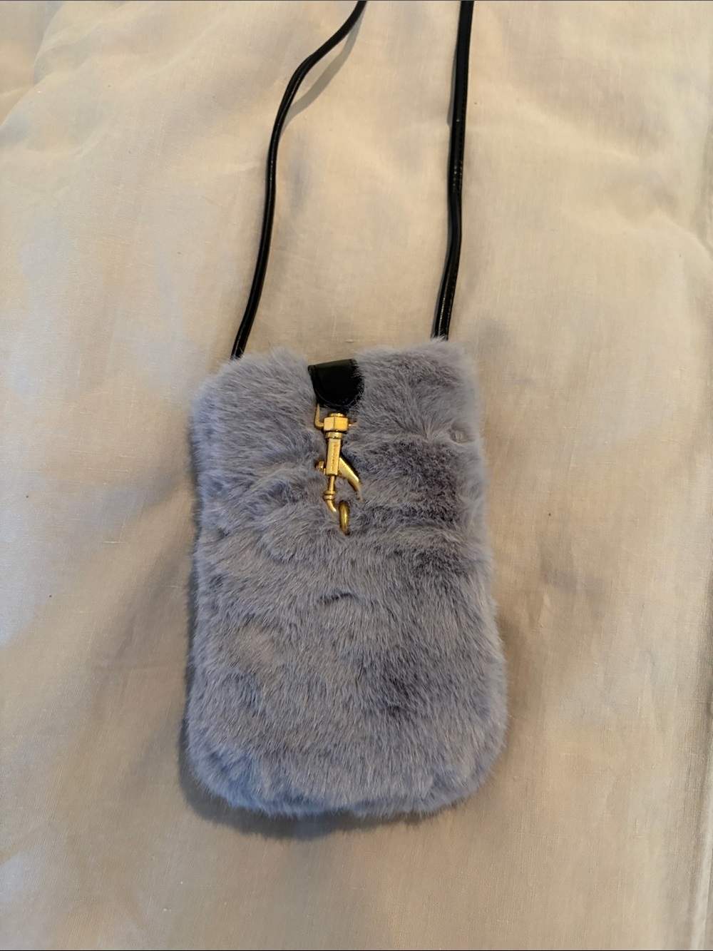 Gray Faux Fur Crossbody Phone Pouch with Gold Accent